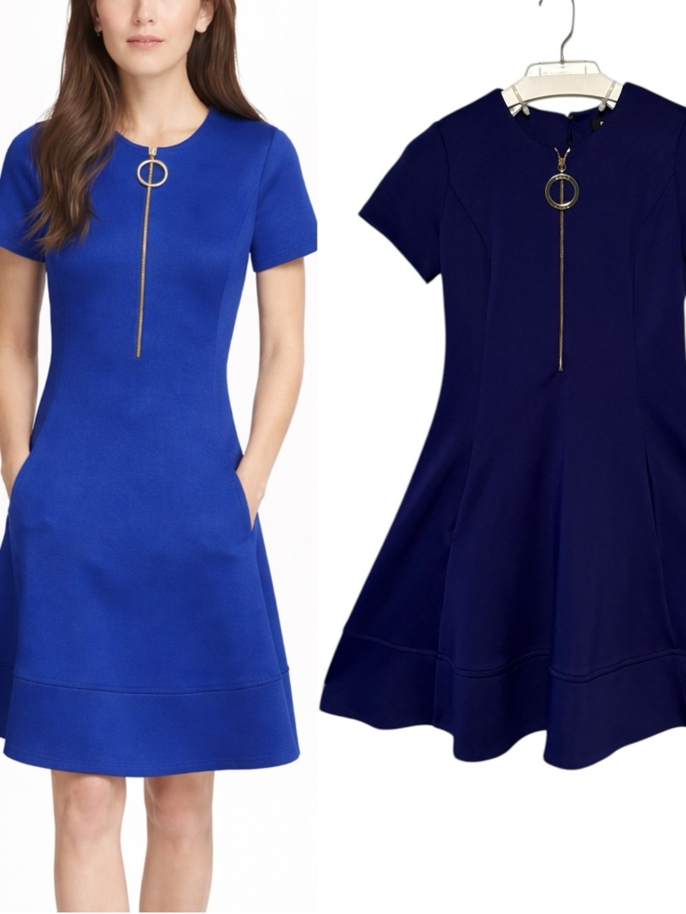 DKNY Short Sleeve Zipper Fit Flare Dress
